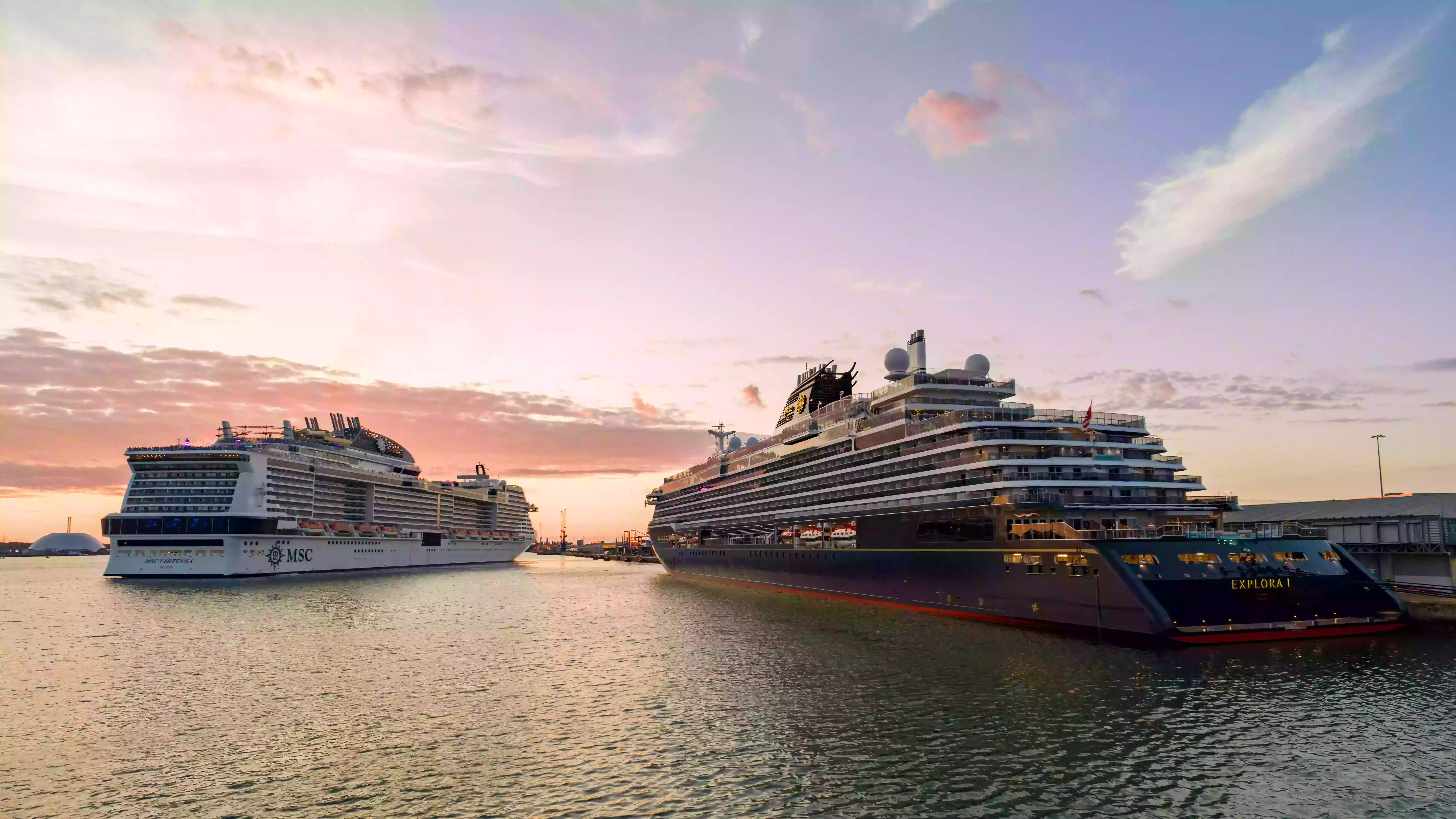 Explora 1 and MSC ship at the Port of Southampton during sunset by Solent Sky Services