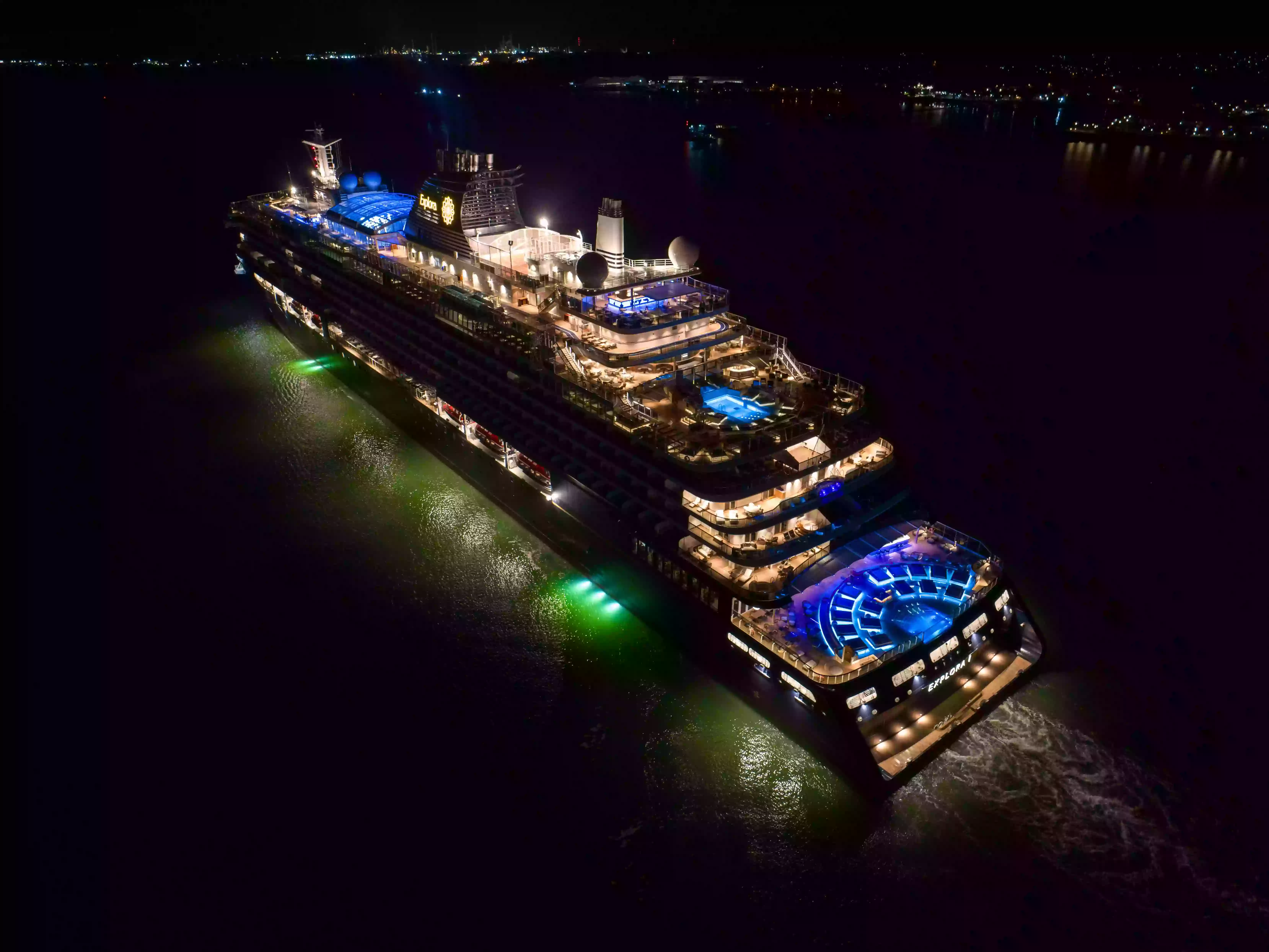 Night aerial photograph of MSC Explora I, shot on DJI Inspire 3 over the Port of Southampton by Solent Sky Services