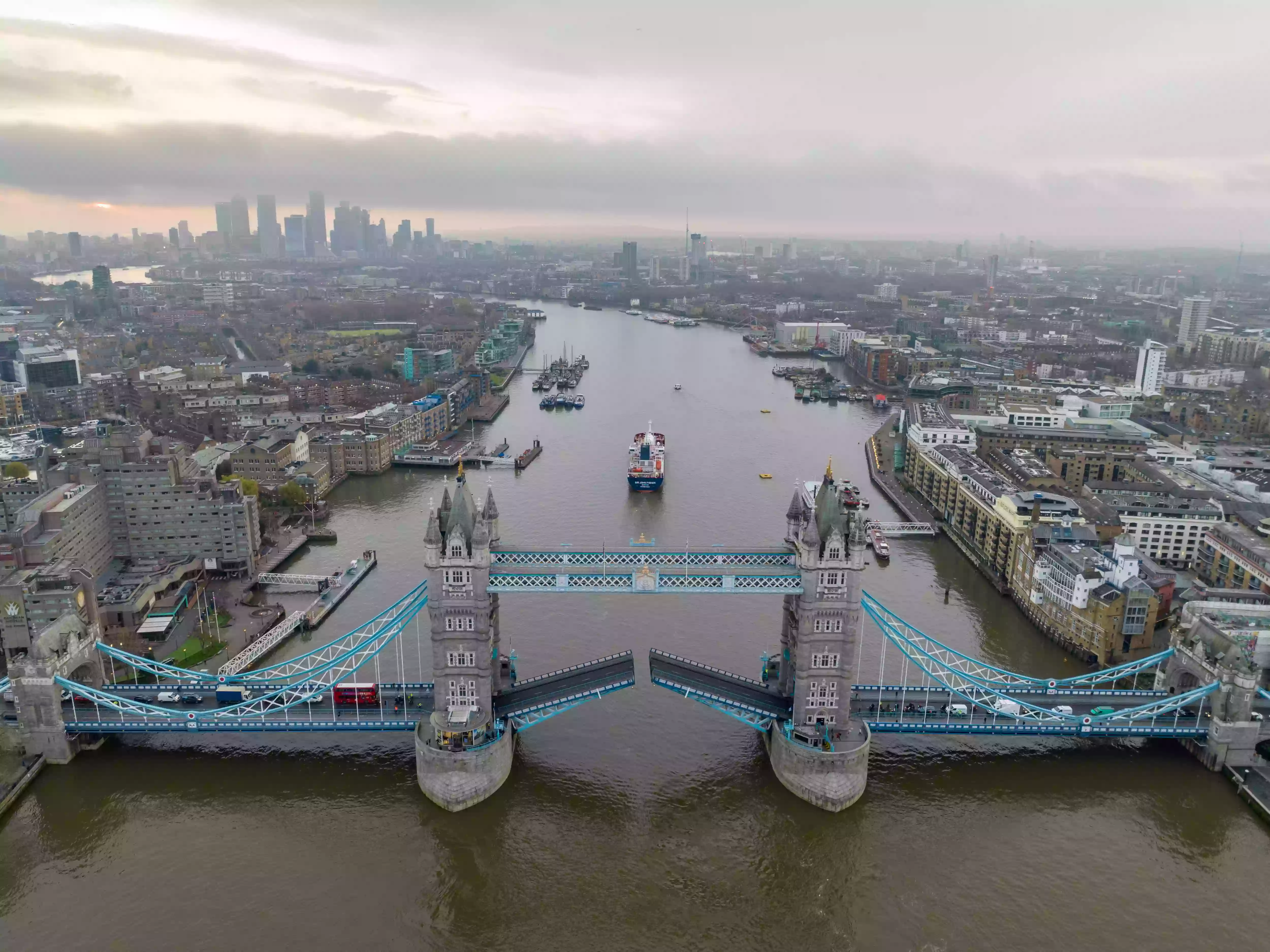 Drone aerial filming of the Sir John Fisher departing central London the morning after her naming ceremony