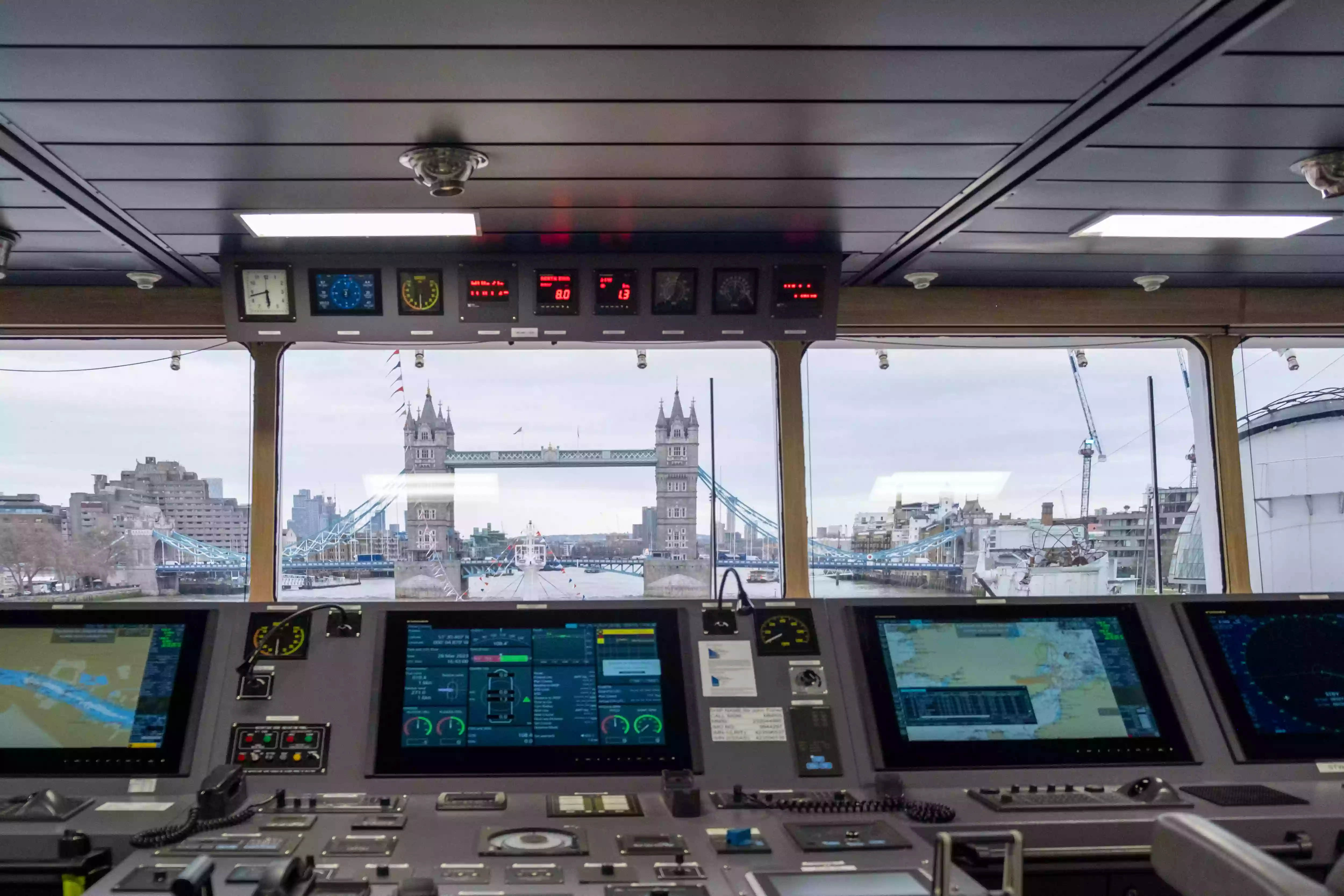 Inside the bridge of the Sir John Fisher chemical tanker during her official naming ceremony in London