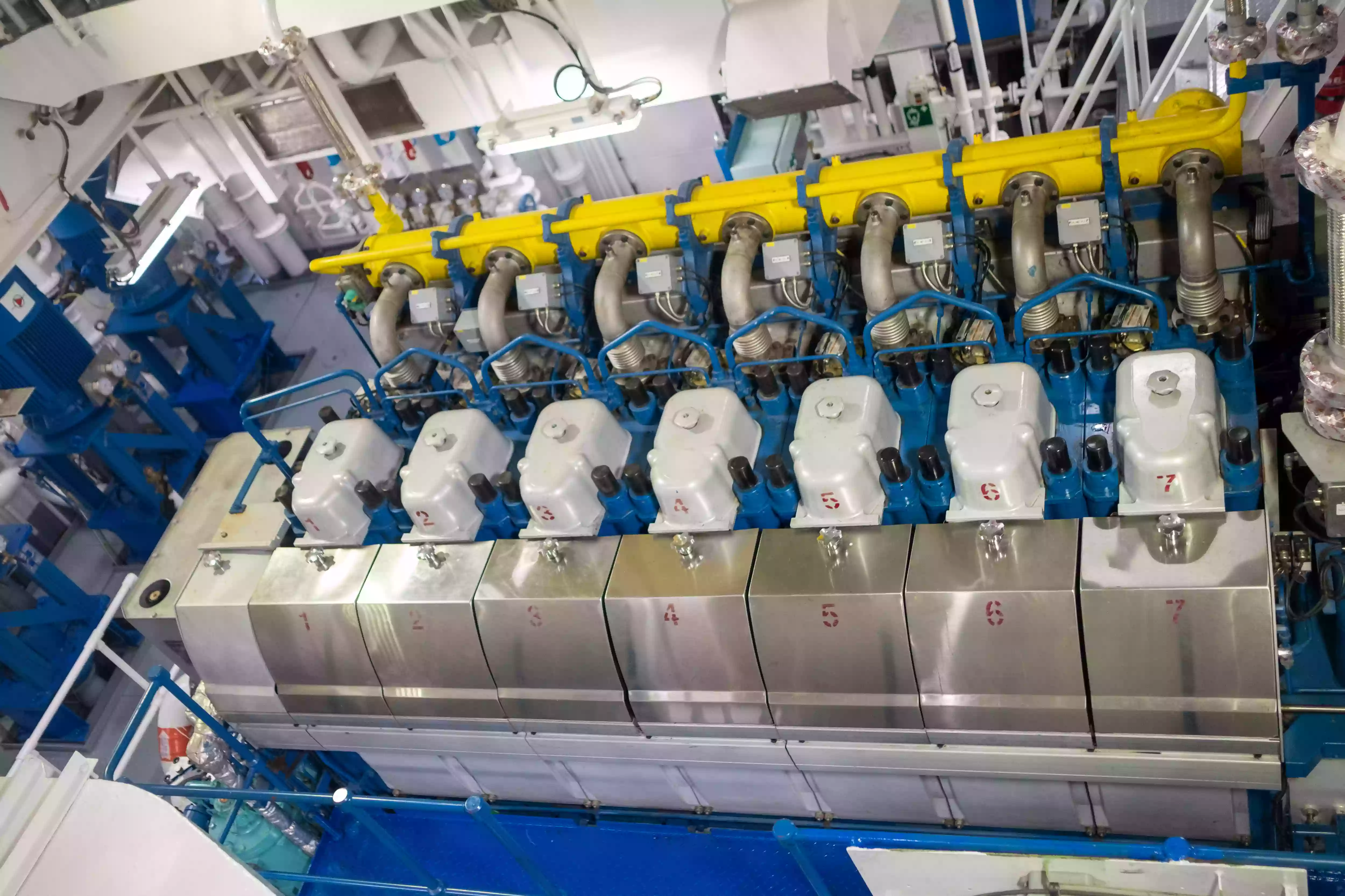 Cargo manifold and pipework on the deck of the Sir John Fisher LNG dual-fuel chemical tanker