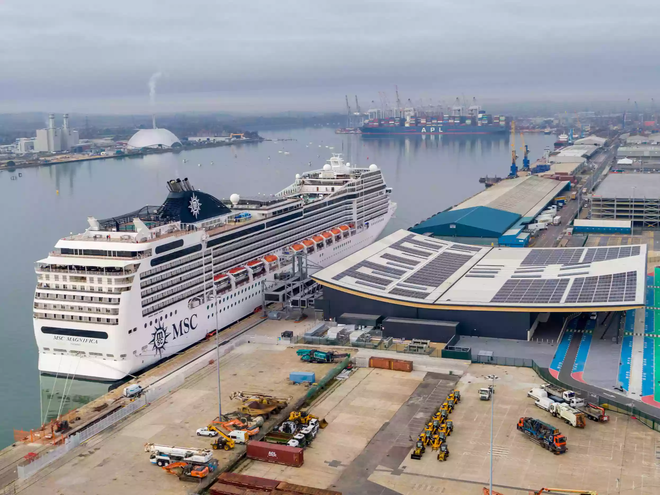 Aerial view of a cruise ship berthed at the Port of Southampton during a shoot for ABP.
