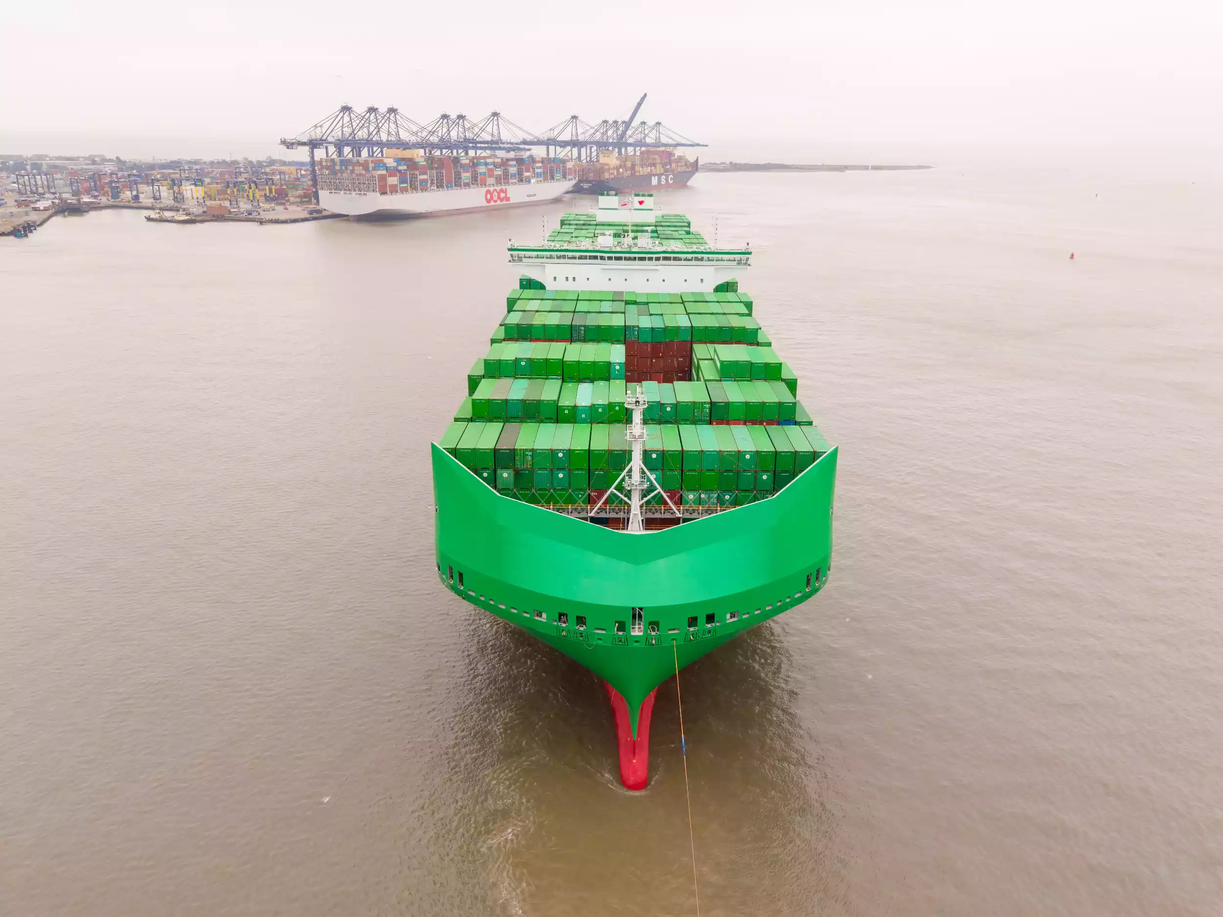Close aerial view of Ever Eco's bow and foredeck approaching berth at Felixstowe