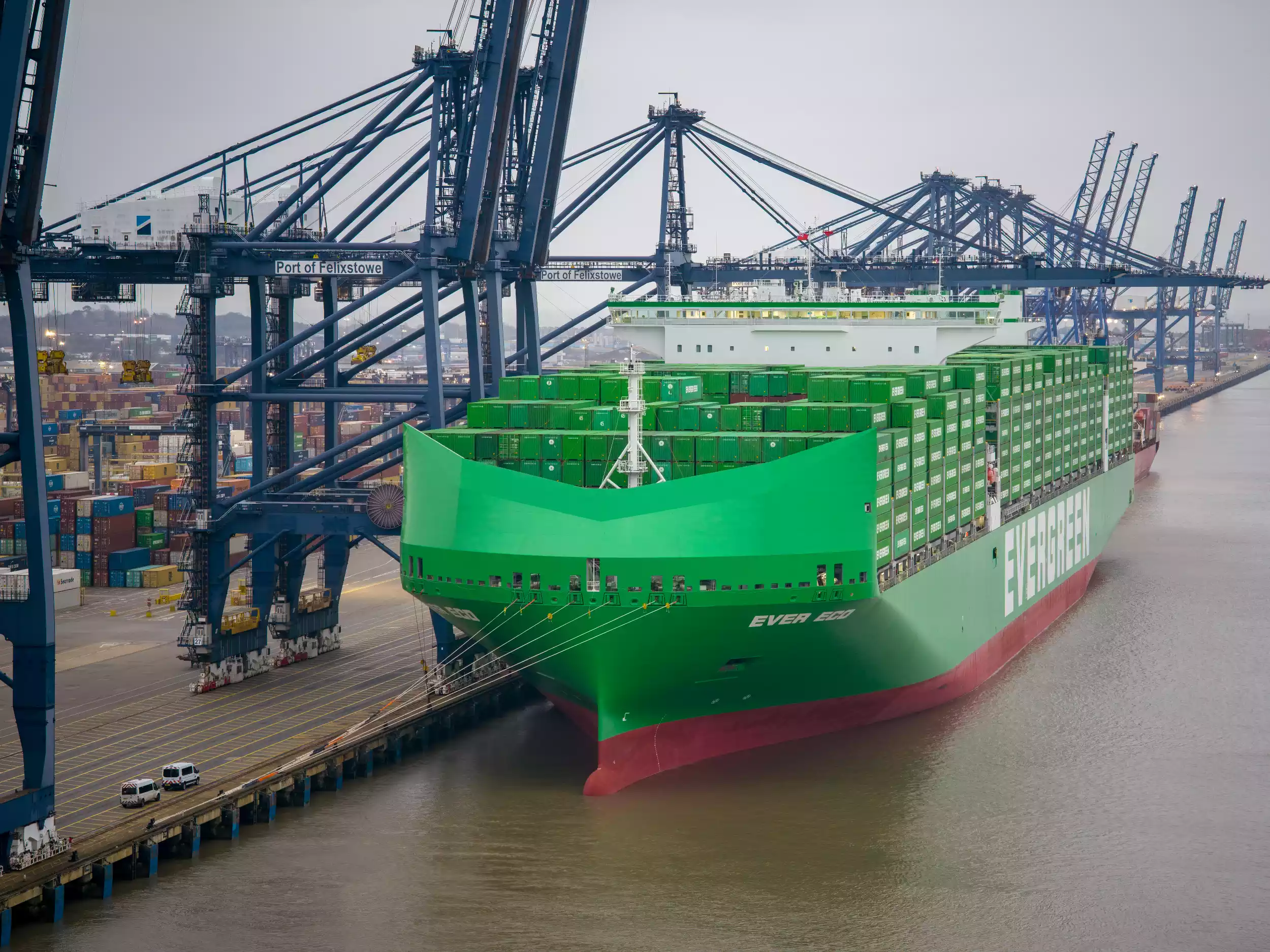 Aerial view of Ever Eco alongside Felixstowe terminal with container cranes