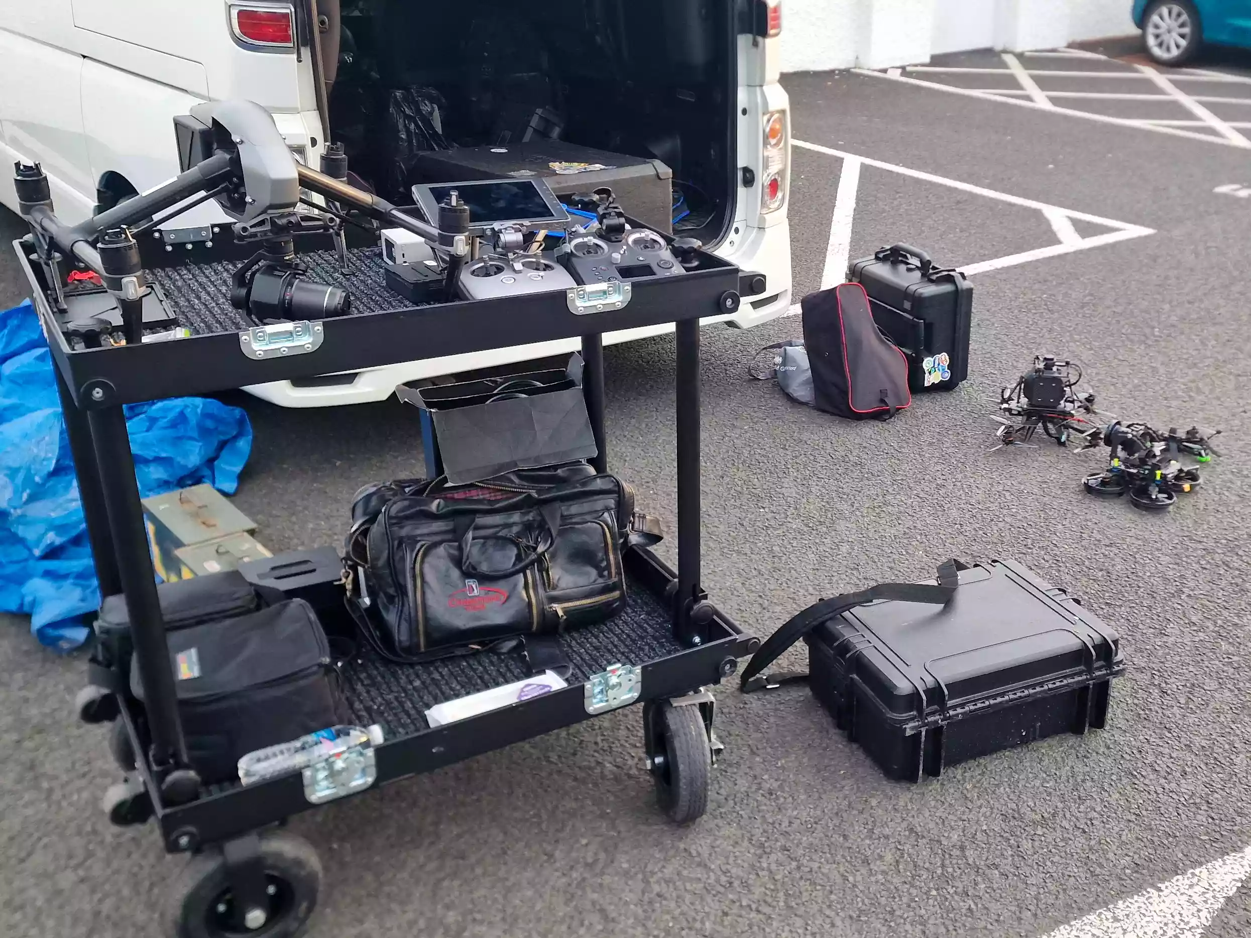 Solent Sky Services drone equipment and film cart loaded for live broadcast production at Trump Turnberry