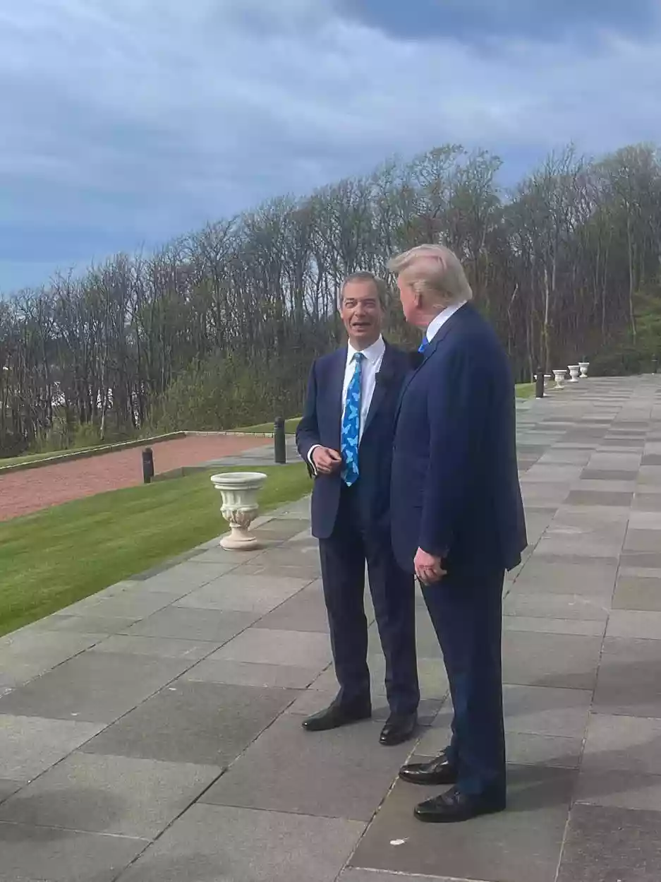 Nigel Farage and Donald Trump at Trump Turnberry resort during GB News world exclusive interview, May 2023