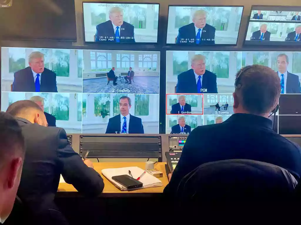 Vivid Broadcast production team monitoring live feeds during GB News world exclusive broadcast at Trump Turnberry