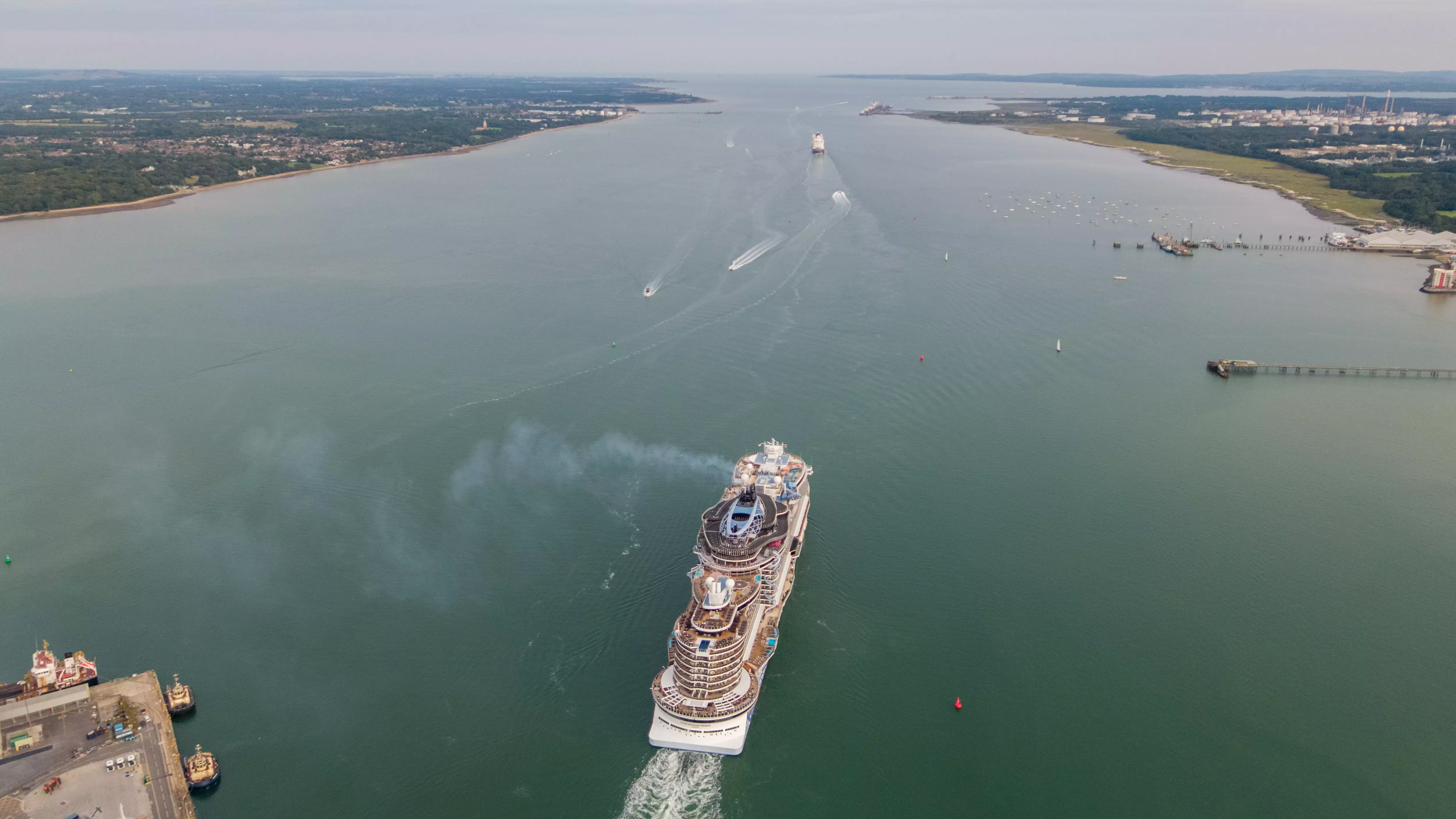 Aerial drone photo of a cruise ship sailing down Southampton Water from the Port of Southampton