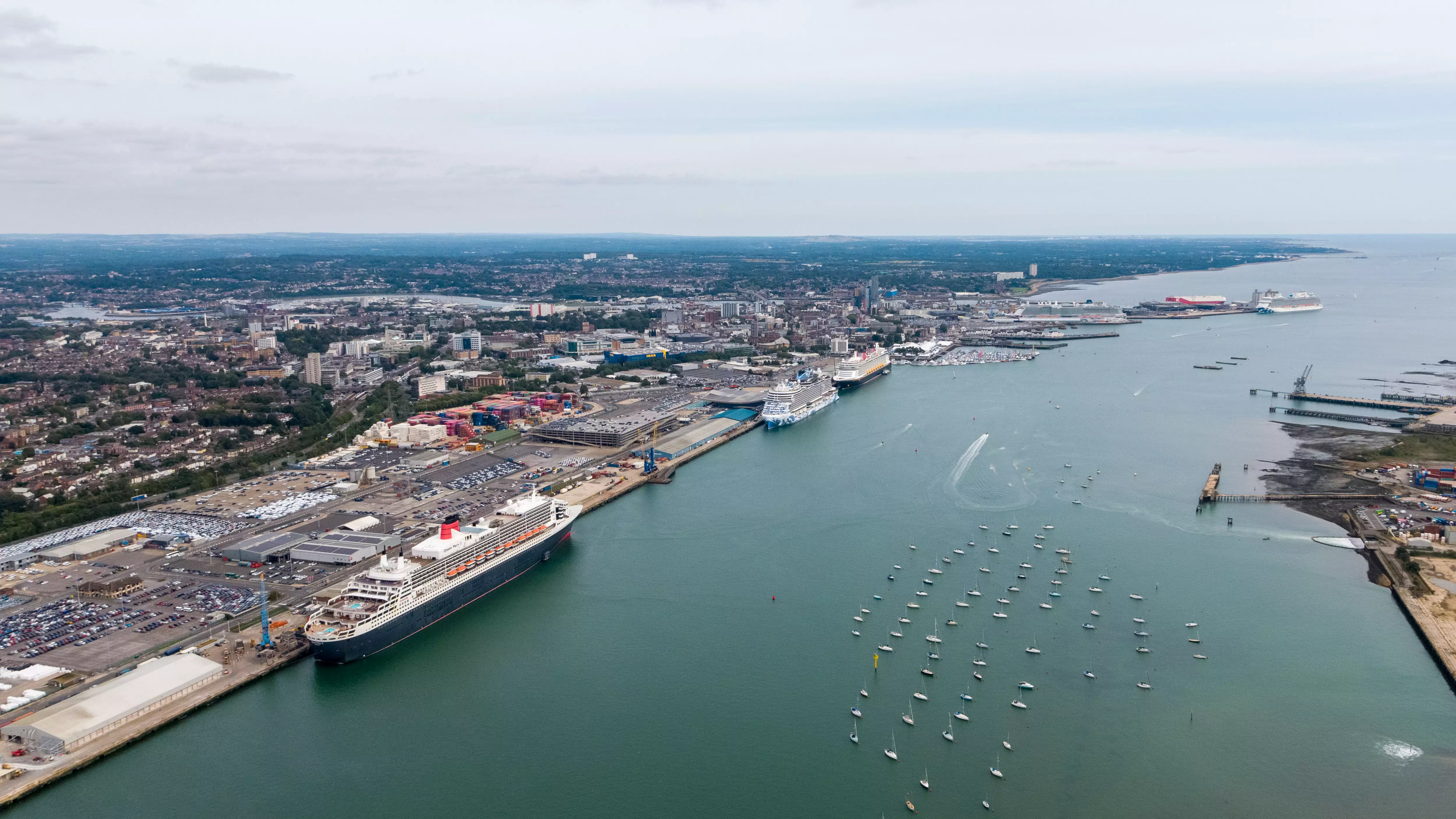 High-altitude drone view along the Southampton docks and cruise terminals