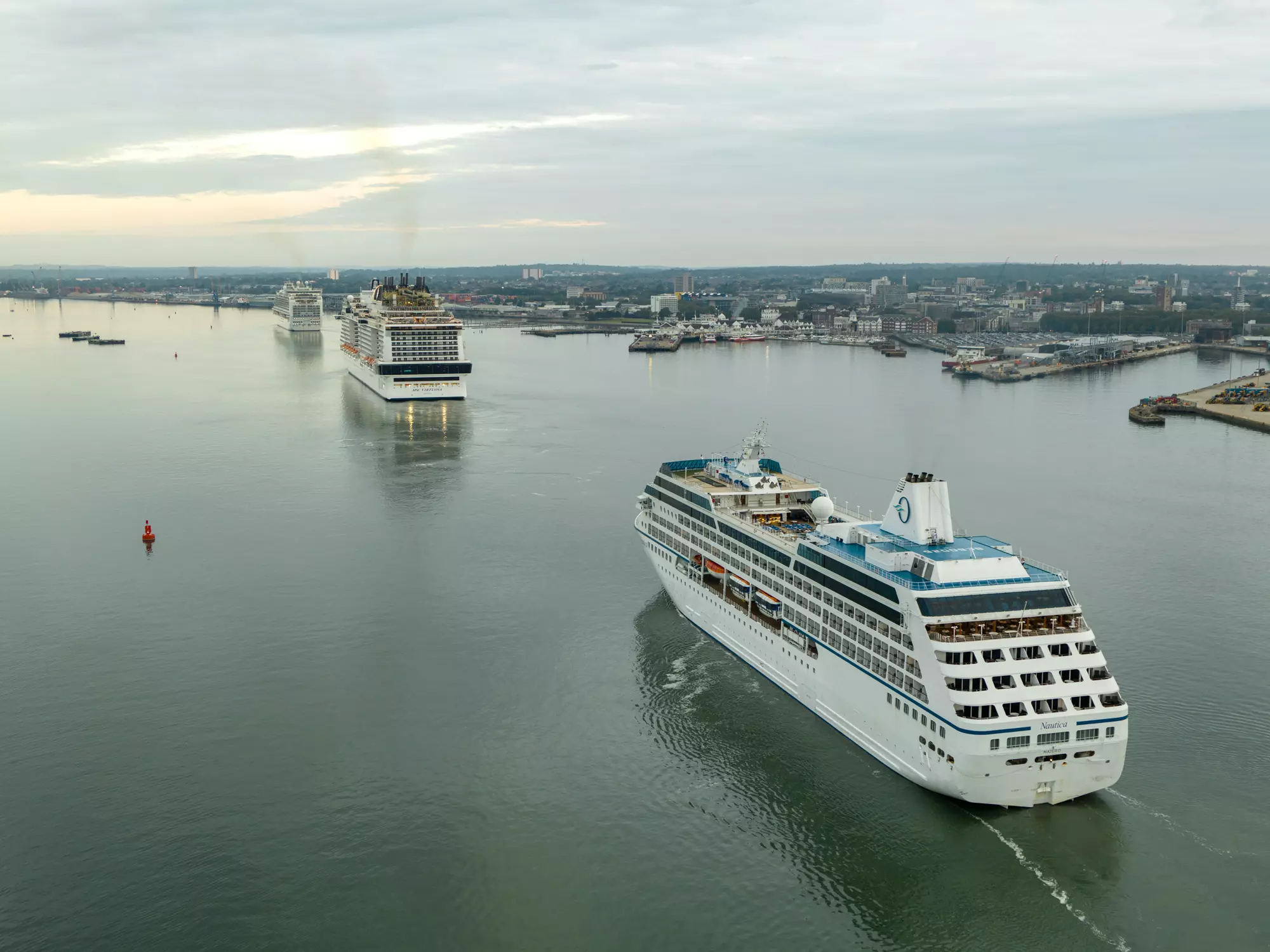 Drone photo of the cruise ship Nautica in Southampton Water with a second ship departing behind
