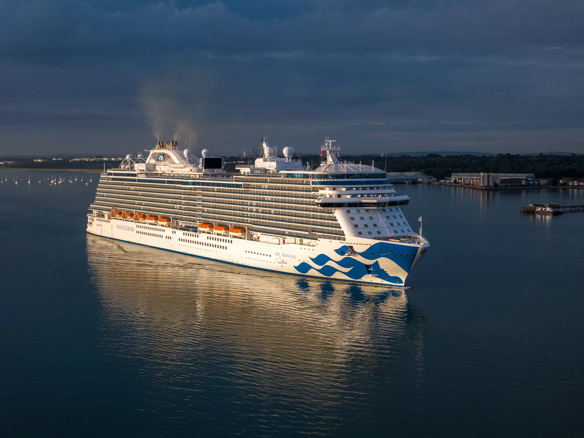 Sky Princess cruise ship at dusk in Southampton Water, captured by drone for ABP