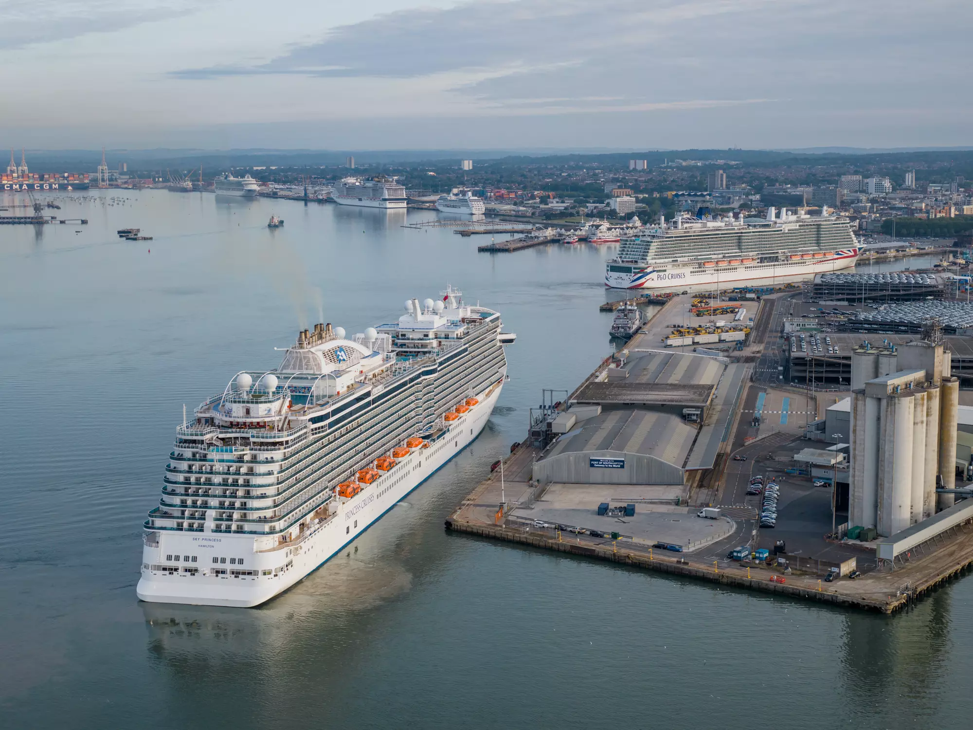 Aerial drone view of a cruise ship berthed at a Southampton cruise terminal