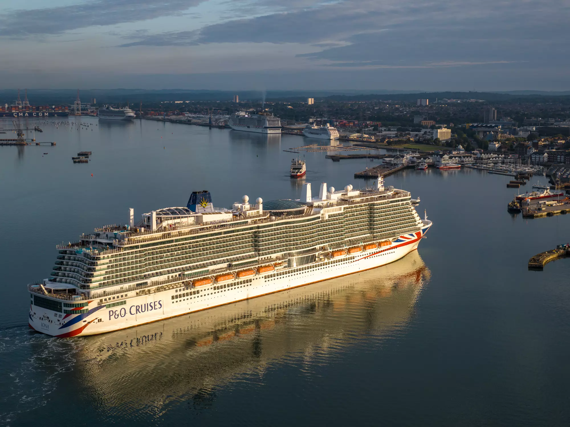 P and O cruise ship Iona departing the Port of Southampton, aerial drone photo