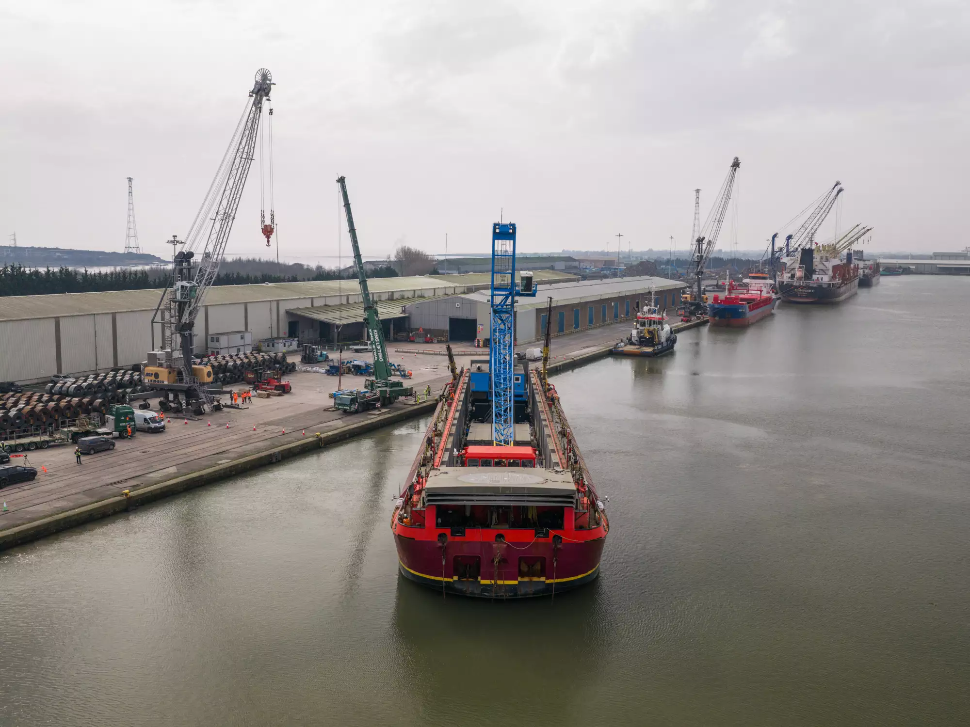 Drone view of crane Margaret in position on the quay at the Port of Newport