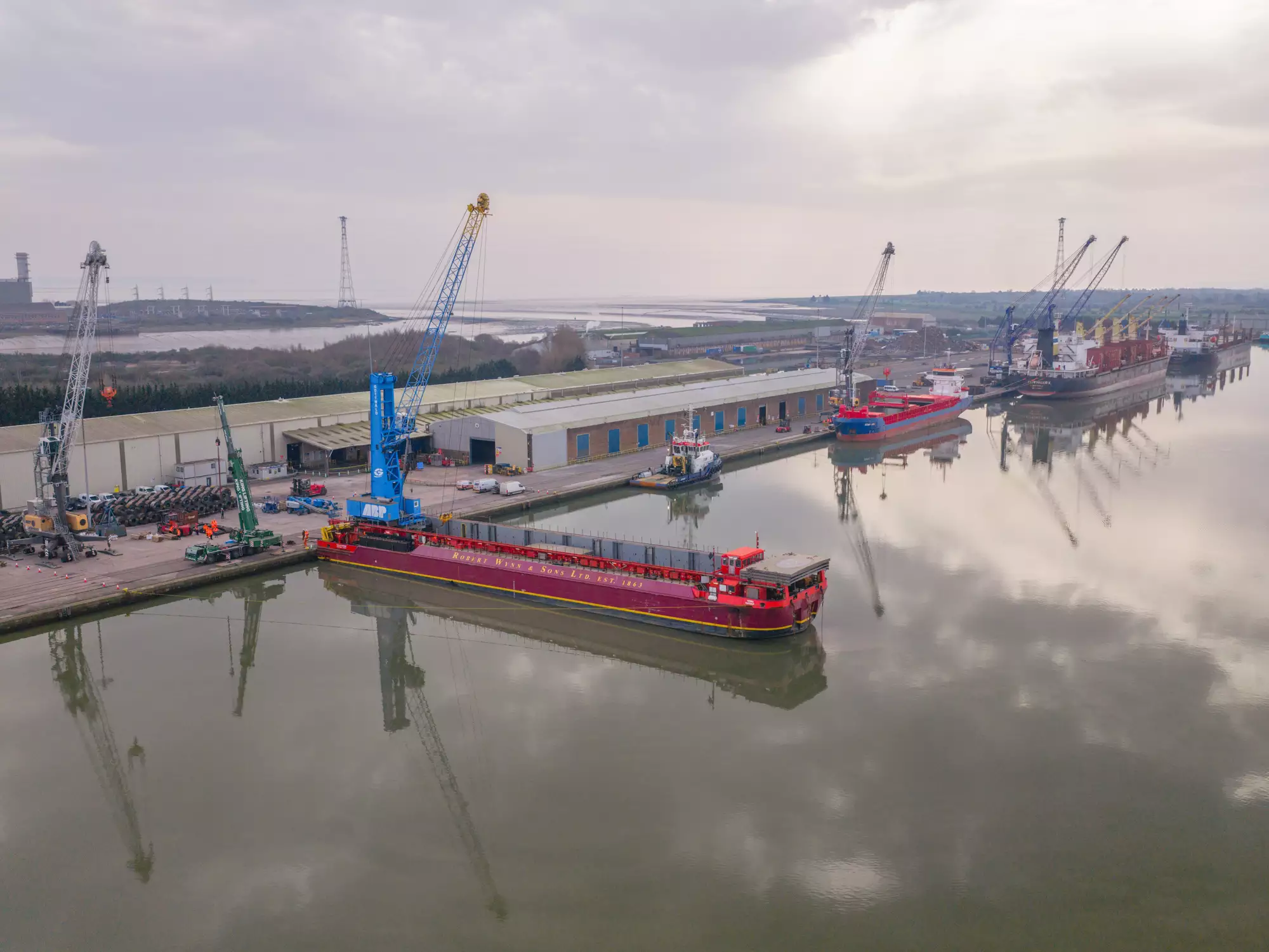 Drone view of crane Margaret in position on the quay at the Port of Newport