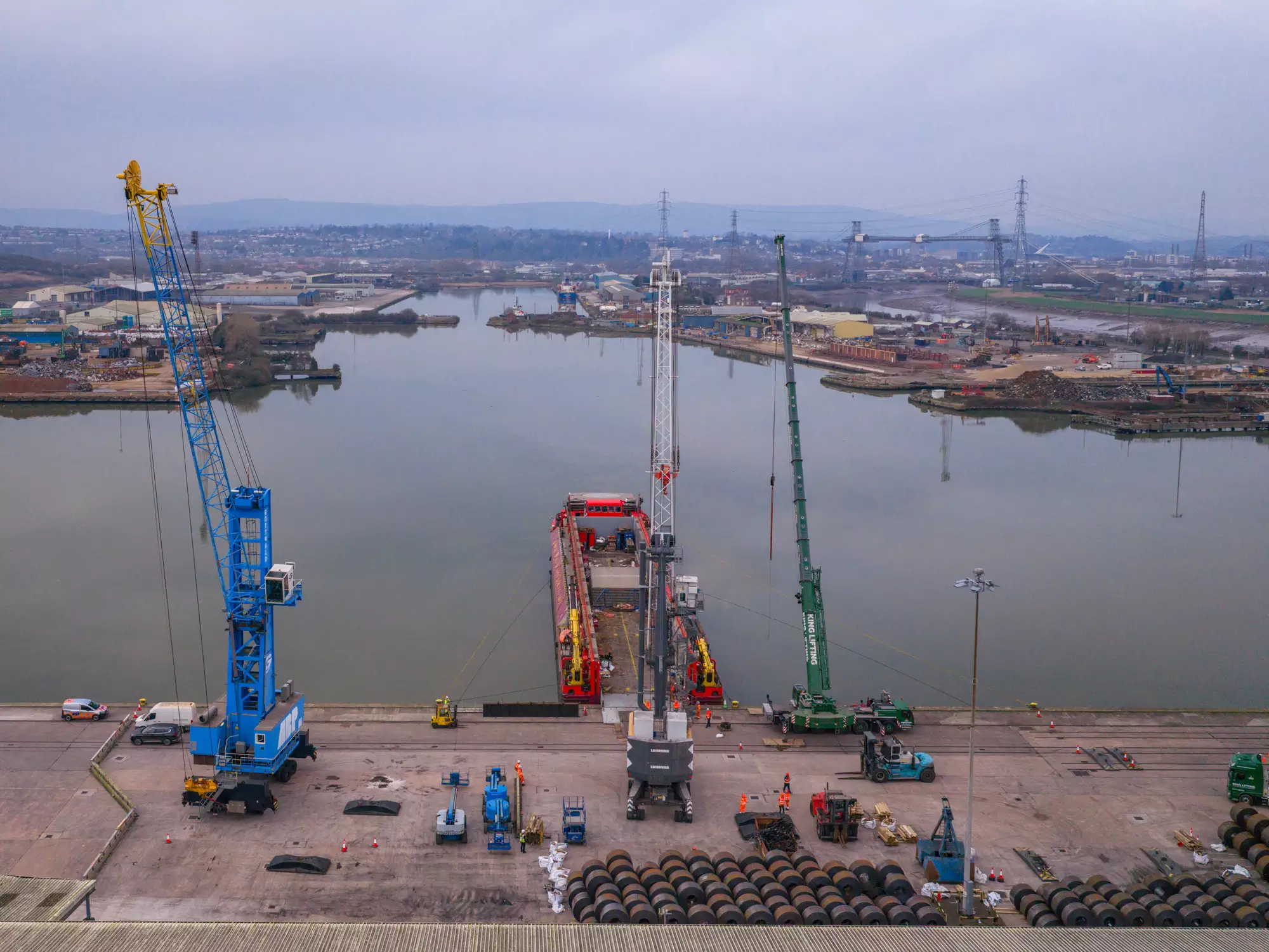 Drone view of crane Margaret in position on the quay at the Port of Newport