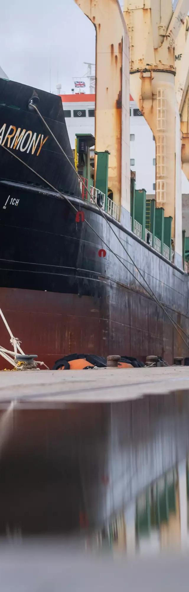 Hull of the cargo ship Pacific Harmony berthed at ABP Southampton, reflected in surface water on the quayside