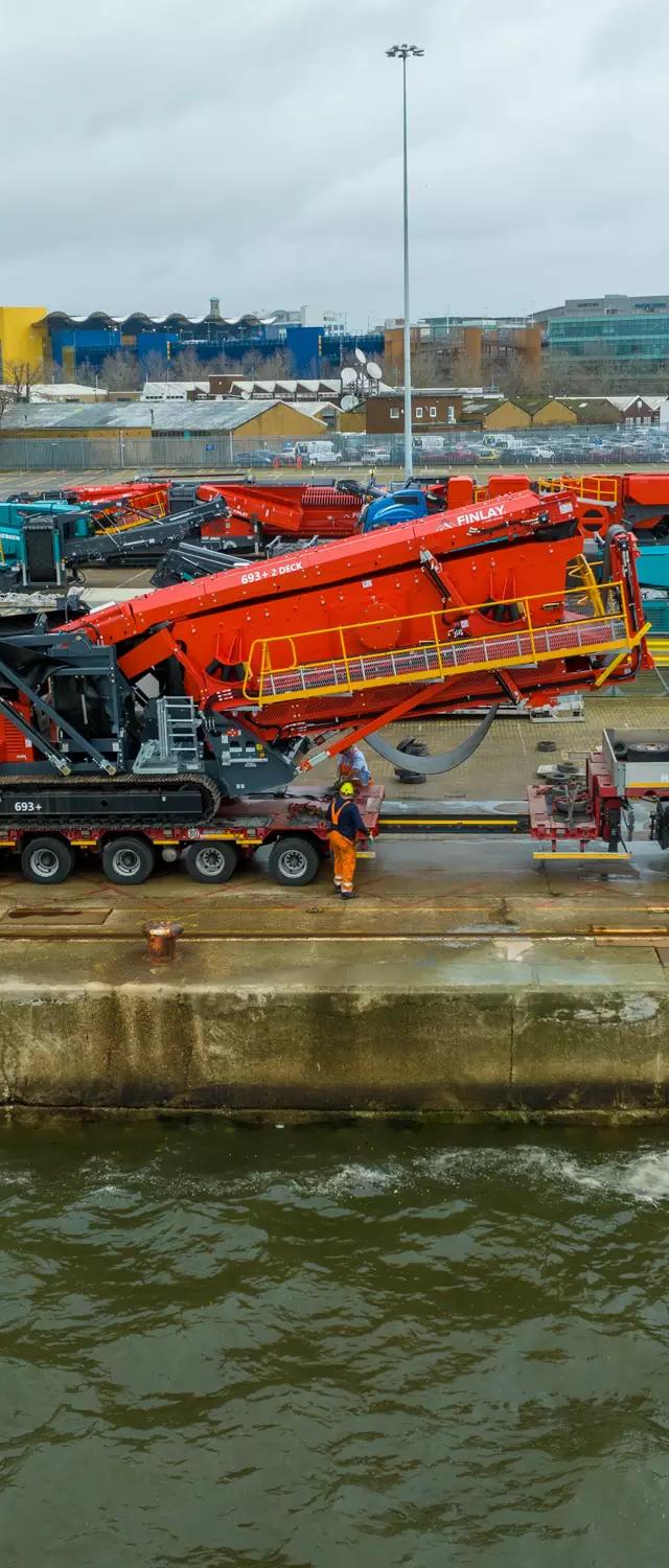 Terex plant lined up on the Southampton quayside awaiting shipment to Australia with DHL Industrial Projects