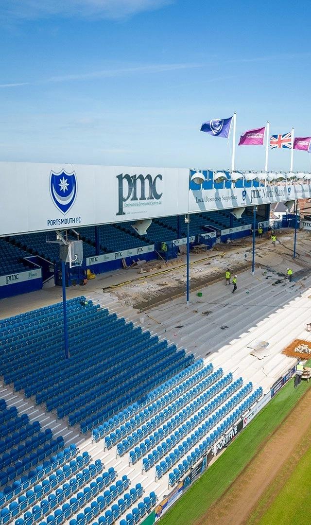 Drone shots of Fratton Park renovations
